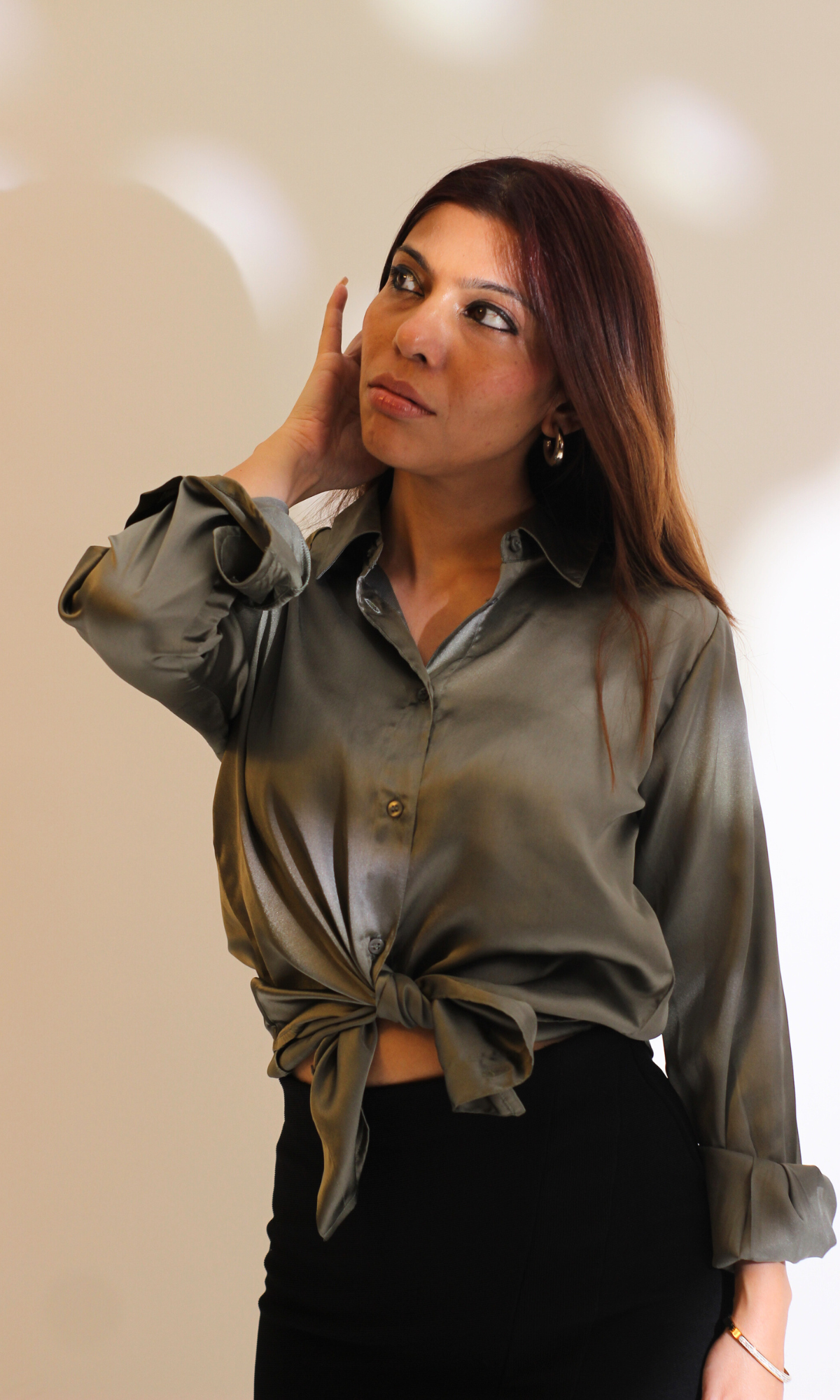 Greenish Gray Sleeved Satin Shirt