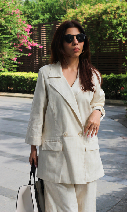 Oatmeal Weave Textured Blazer with Straight Pants Co-ord