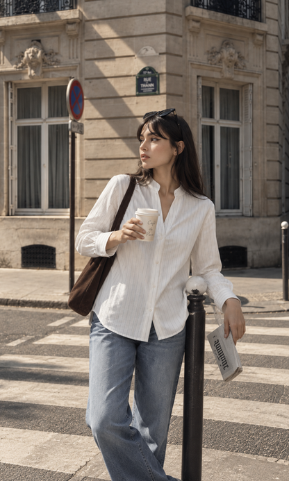 Pinstripe Mandarin-Collar Shirt