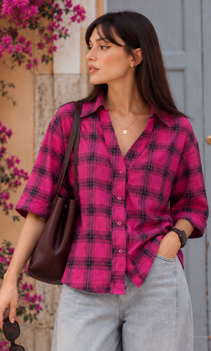 Magenta Plaid Cropped Shirt