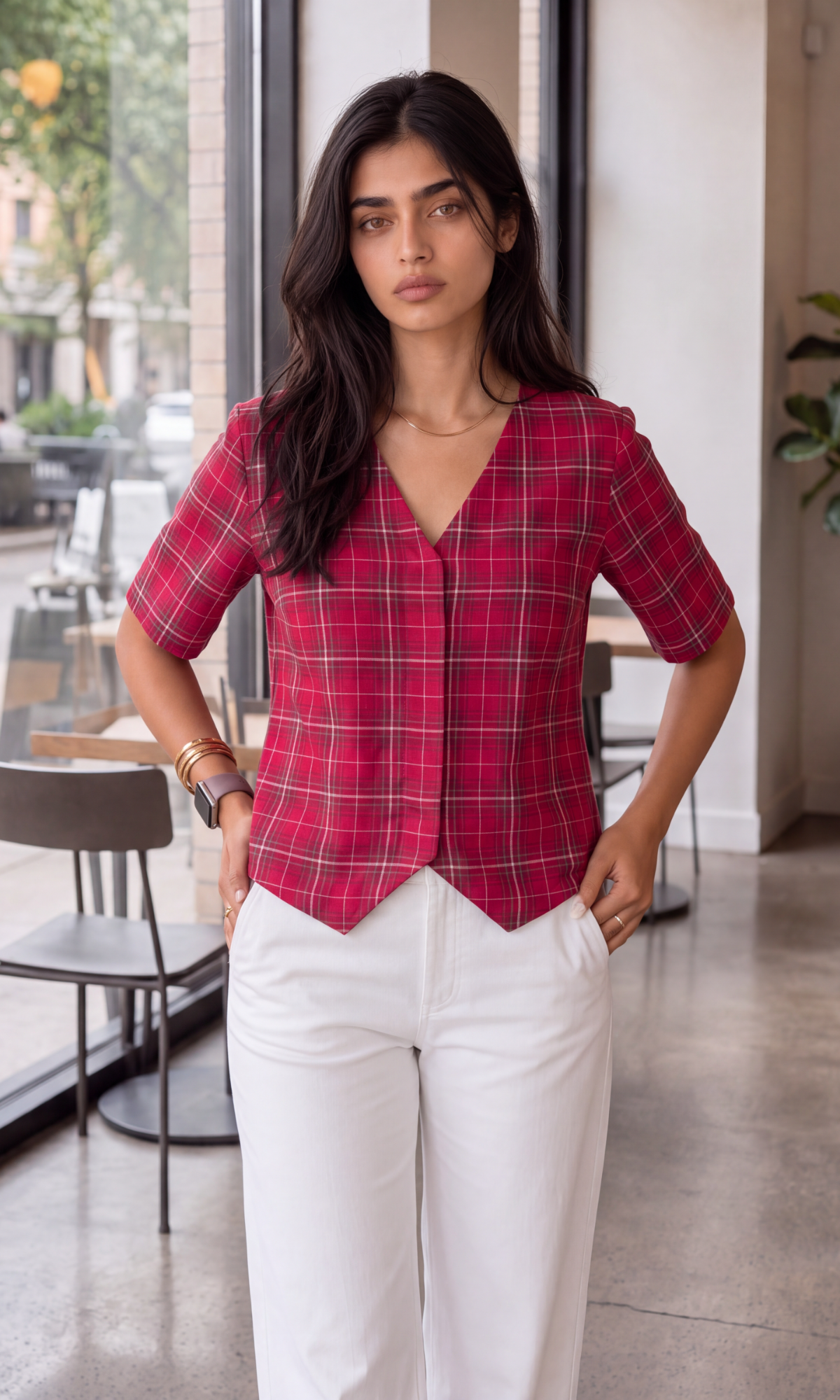 Wine Check Sleeved Cotton Waistcoat