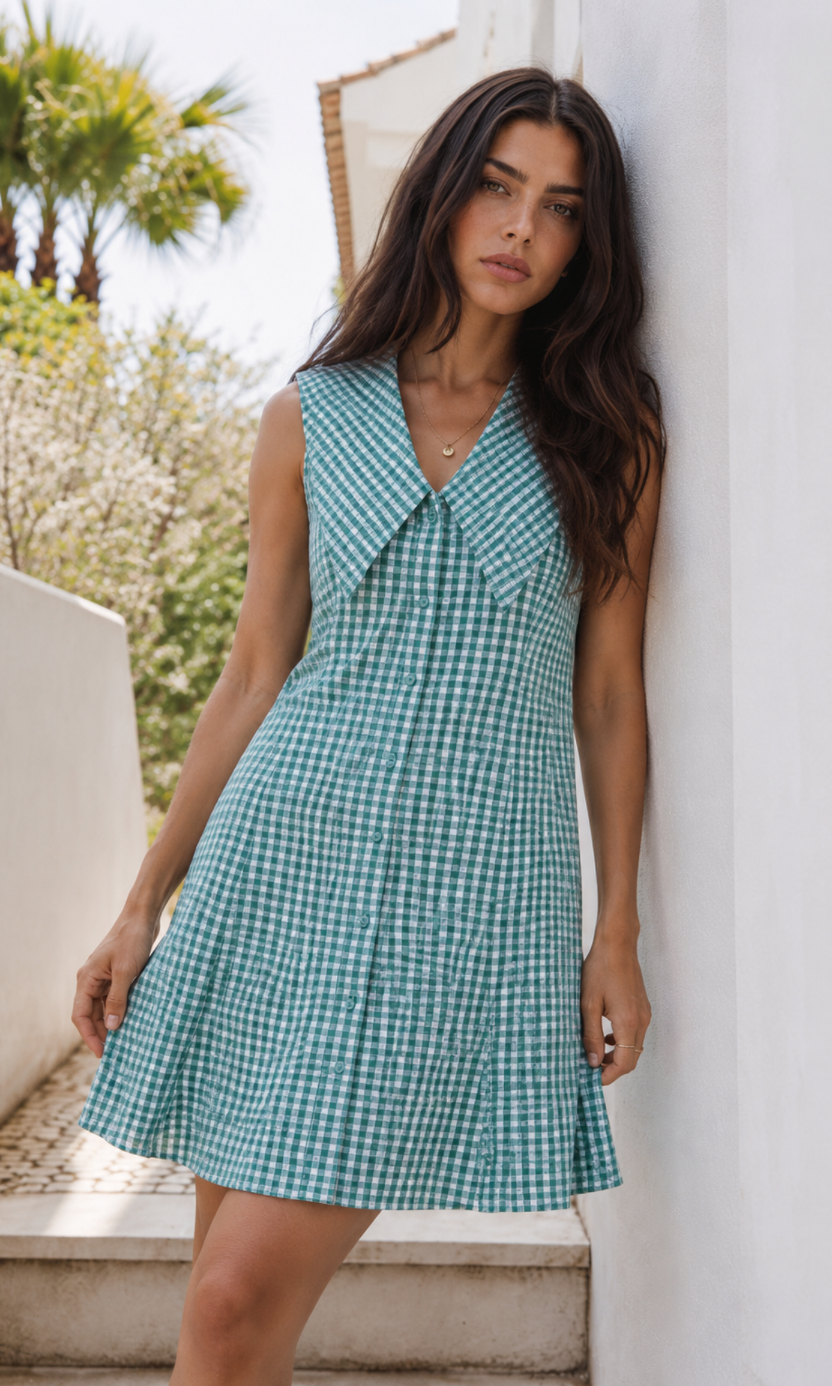 Jade Gingham Oversized Collar Dress