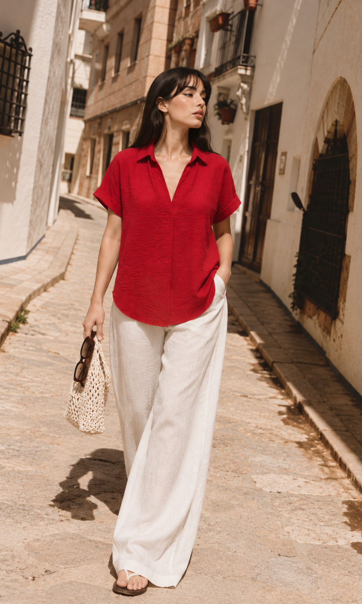Poppy Red Gathered V-Neck Top
