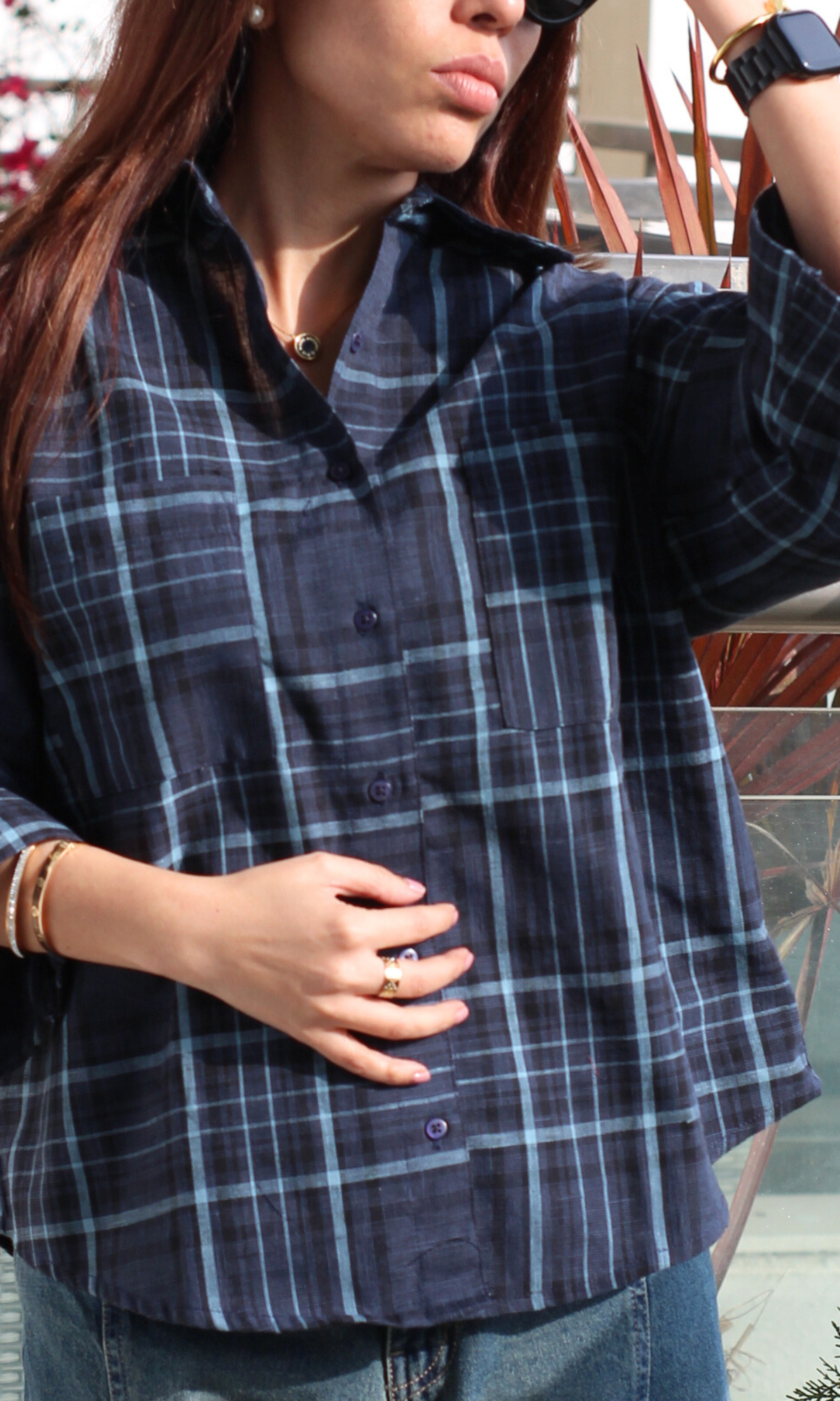 Navy Checked Flared Sleeve Shirt