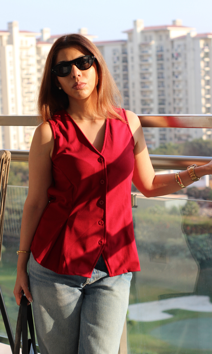 Maroon Buttoned Detail Waist Coat