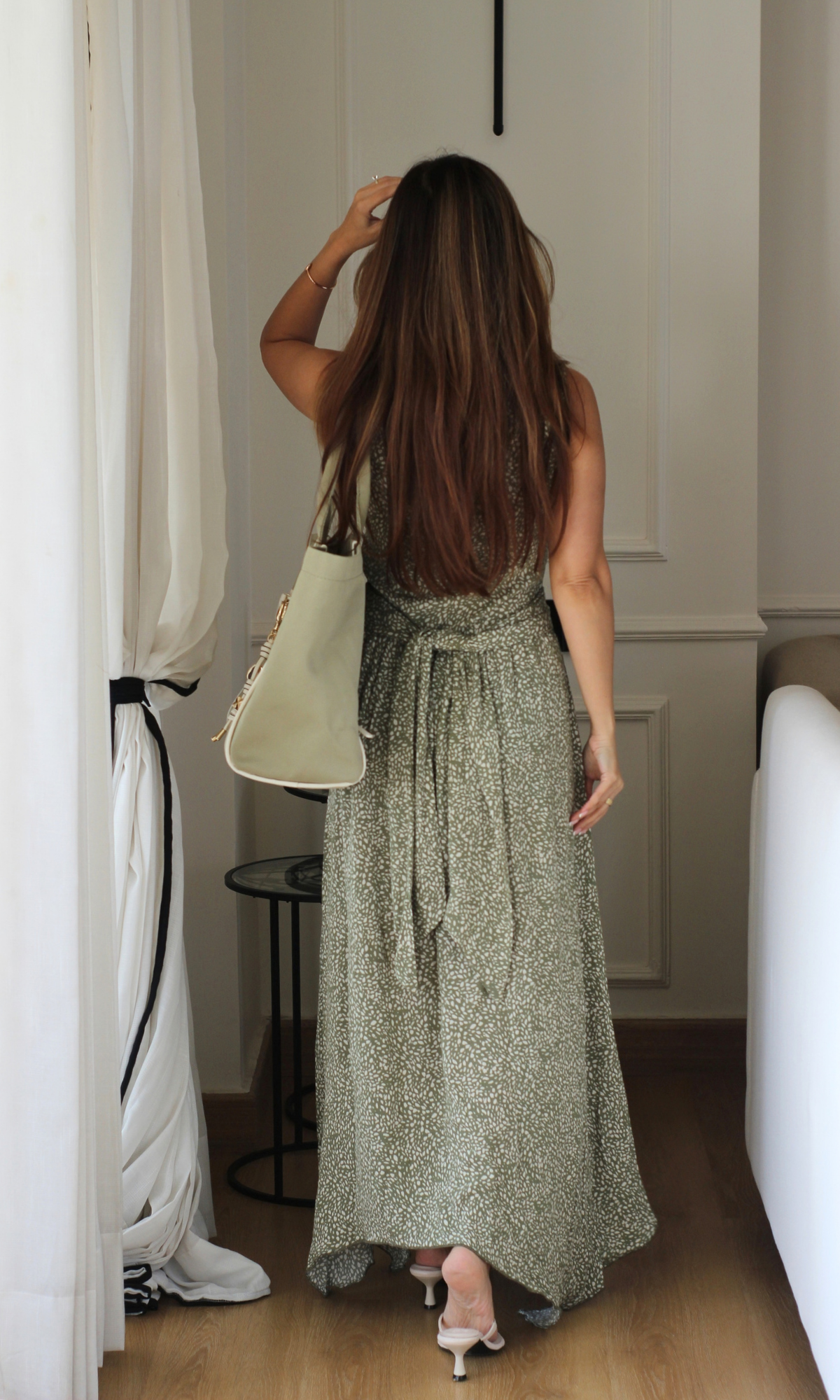 Olive Deer-Print Wrap Handkerchief Hem Midi Dress