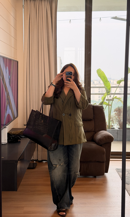 Olive Textured Stripe Double-Breasted Blazer