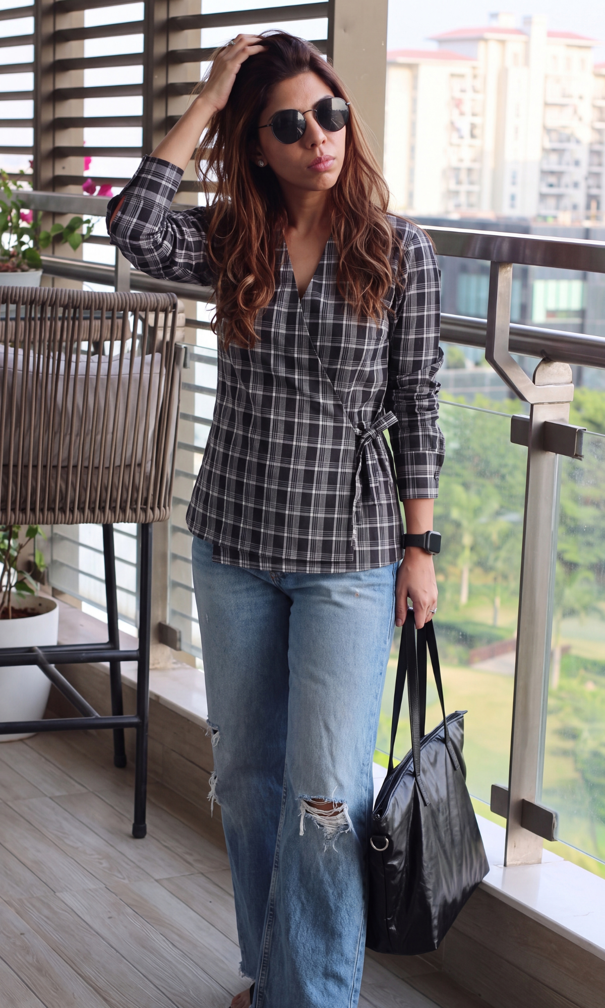 Black Check Kimono Top