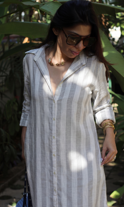 Ivory Greige Stripe Shirt Dress