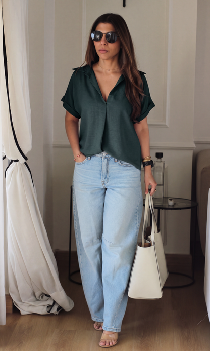 Pine Green Gathered V-Neck Top