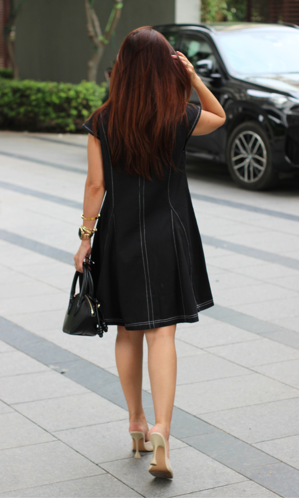 Black Thread Detail Metallic Buttoned Dress