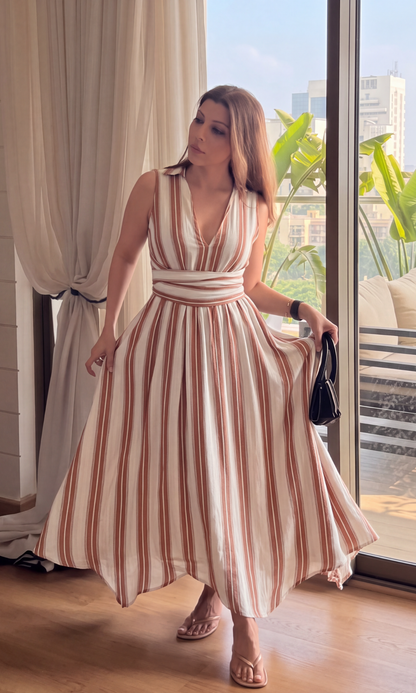 Copper Stripe Wrap Handkerchief Hem Midi Dress