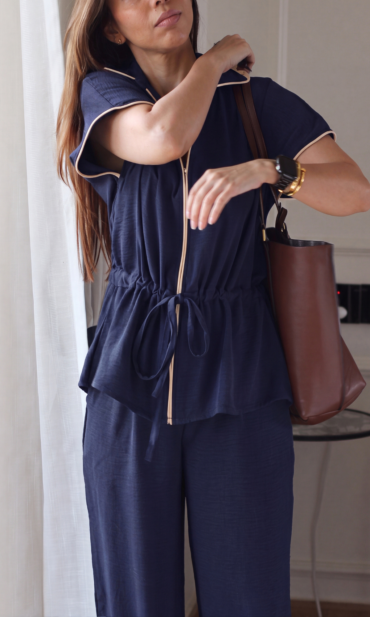 Navy Contrast-Piped Tie-Waist Shirt Co-ord