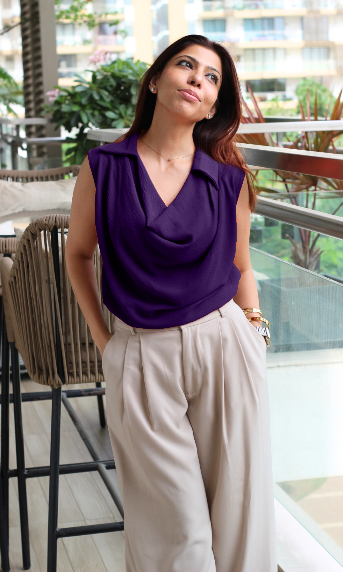 Elegant sleeveless Wineberry Collared Cowl Neck Top in a flowy fabric, perfect for work-to-evening transitions.