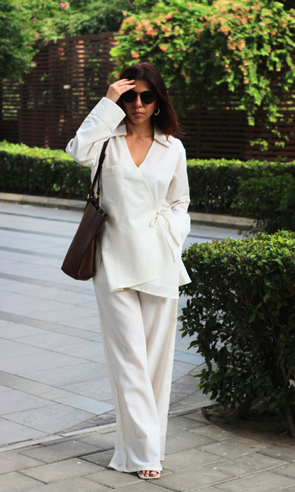 Ivory Linen Cuts Detail Kimono Top with Pants