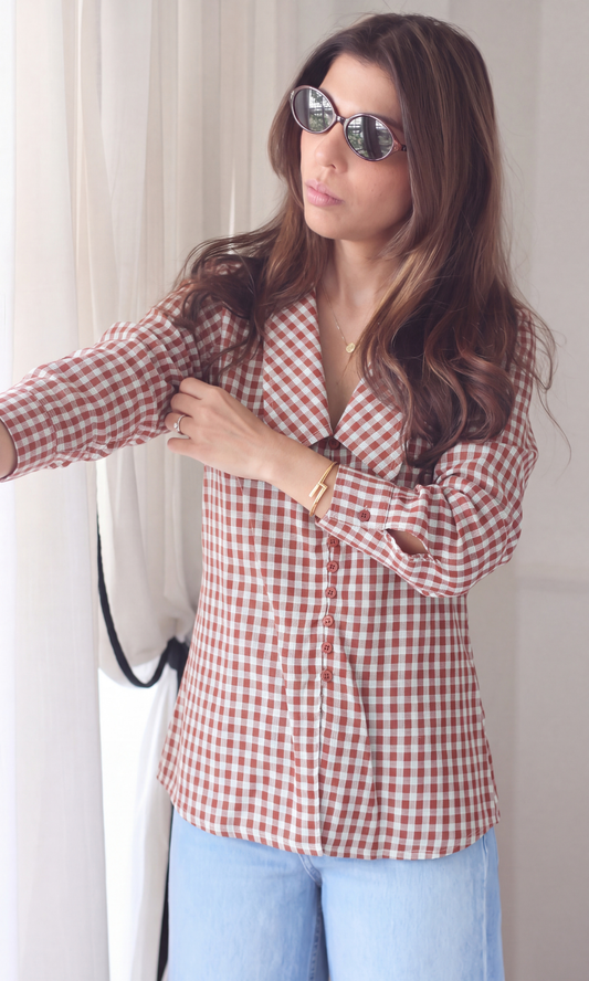 Red White Gingham Oversized Collar Shirt