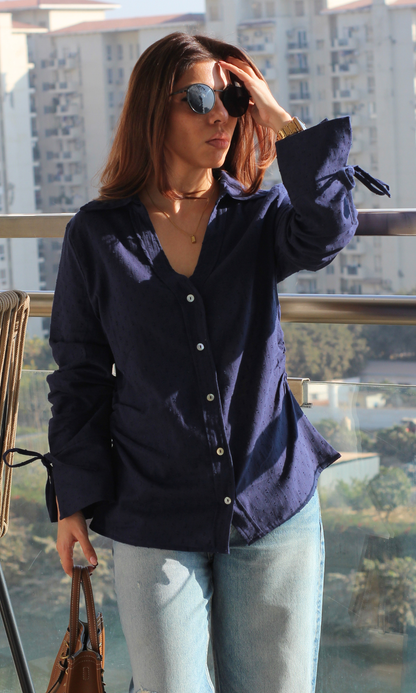 Navy Dobby String Detail Cotton Shirt