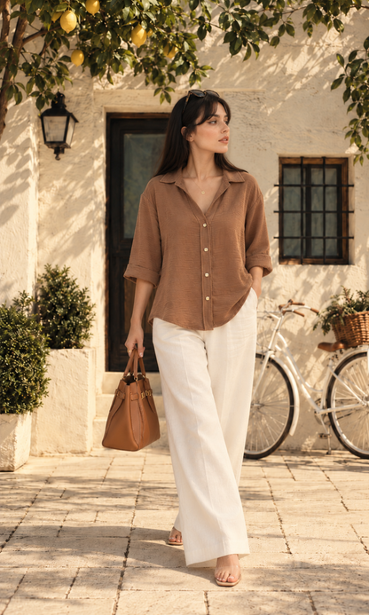 Toffee Brown Metallic-Button Boxy Shirt