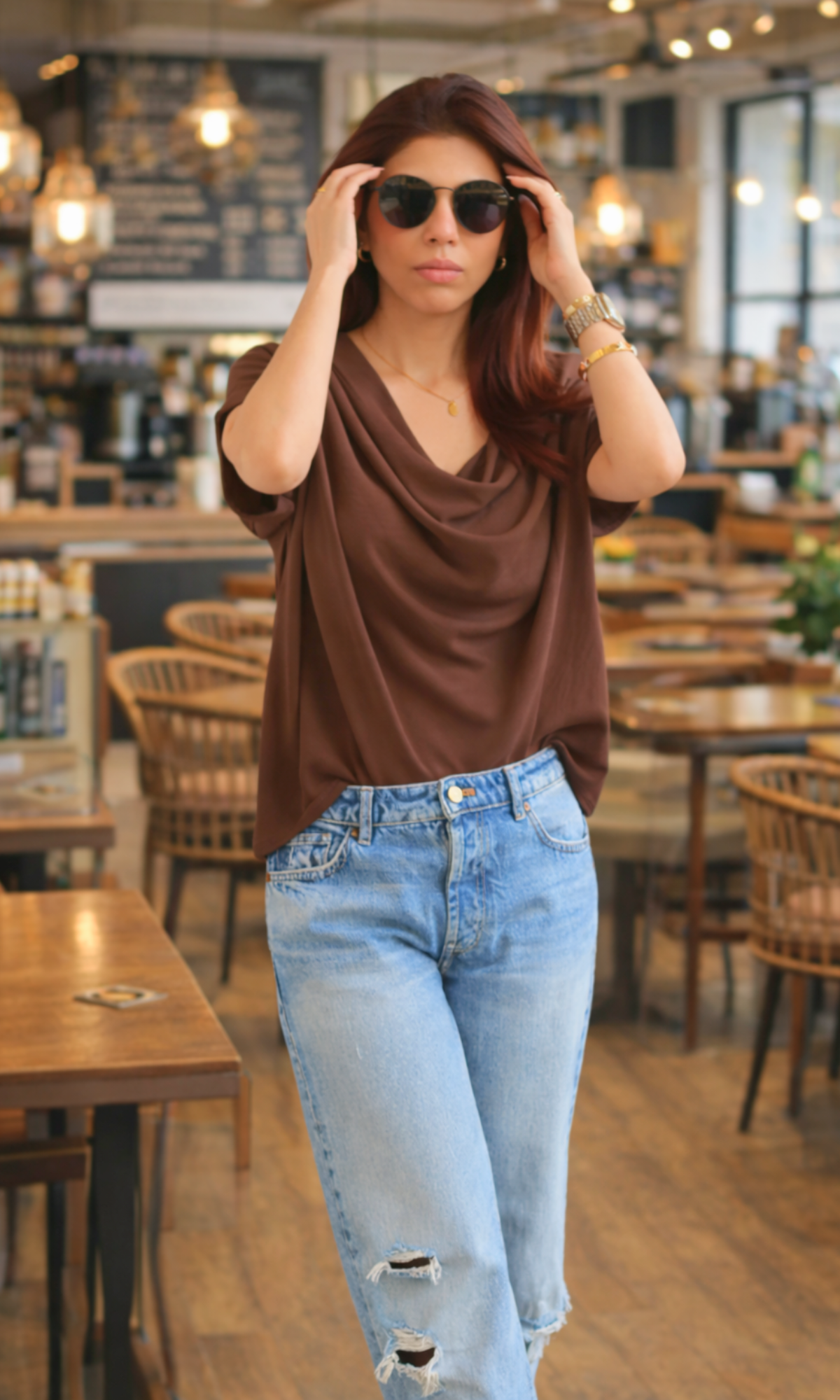 Cocoa Flowing Cowl Neck Top