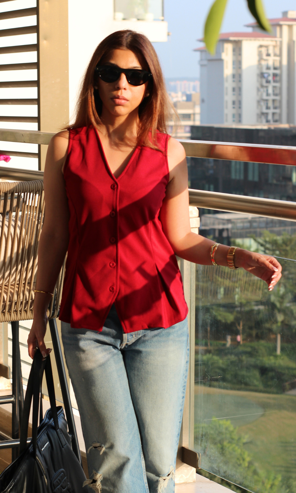 Maroon Buttoned Detail Waist Coat