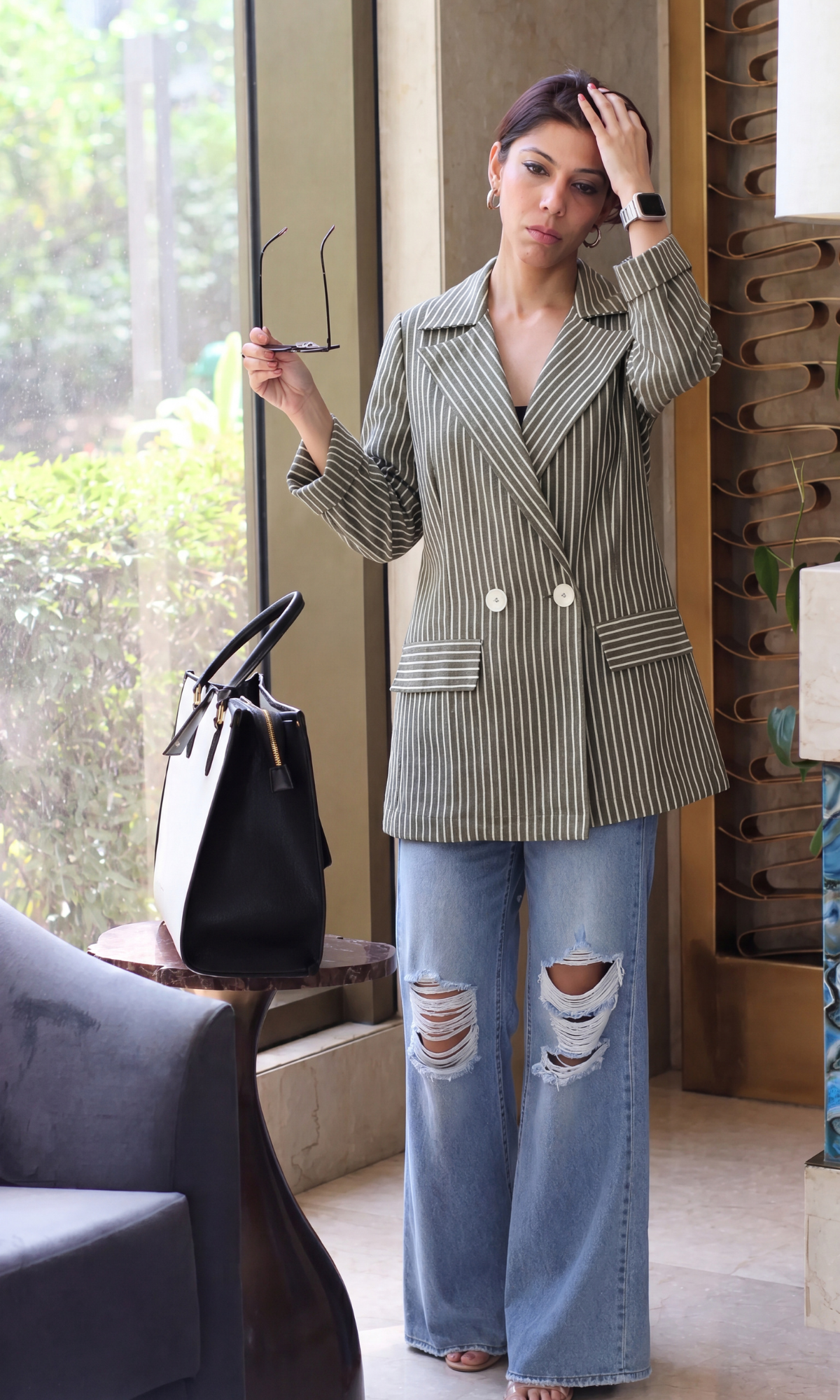 Olive Pinstripe Double-Breasted Blazer