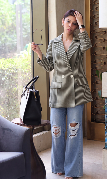 Olive Pinstripe Double-Breasted Blazer