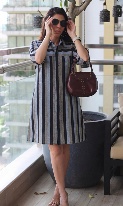 Black Utility Striped Shirt Dress