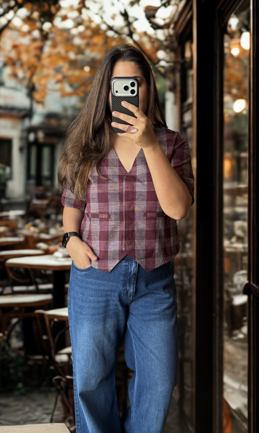 Wine & Ash Grid Sleeved Waist Coat