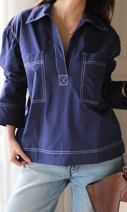 Cobalt Blue Contrast Stitch Utility Pocket Top