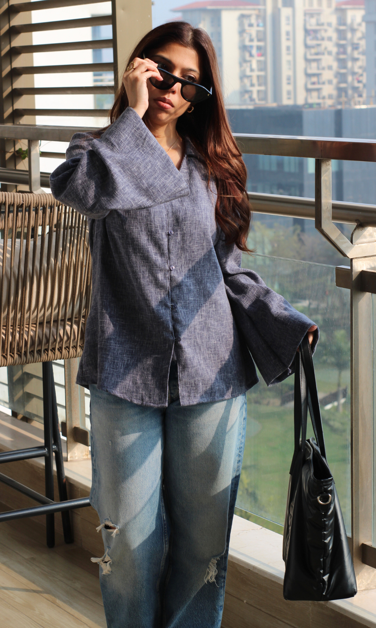 Blue-Charcoal Textured Flared Sleeve Shirt