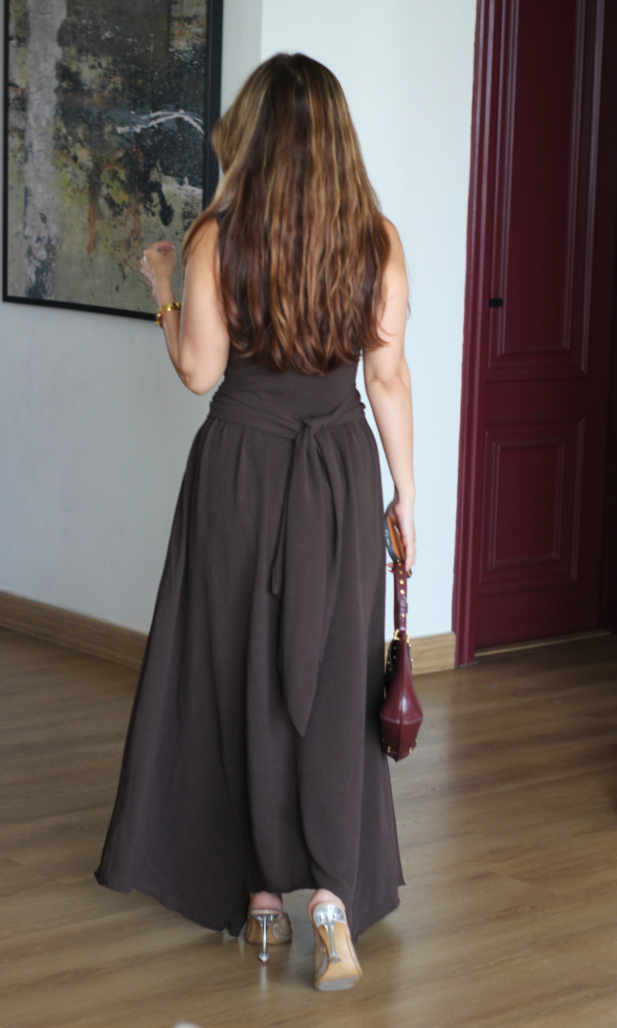 Mocha Wrap Handkerchief Hem Midi Dress
