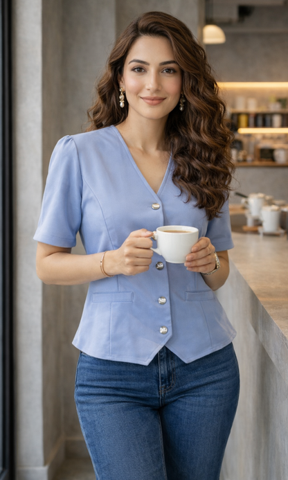 Light Blue Sleeved Metallic Buttoned Waist Coat
