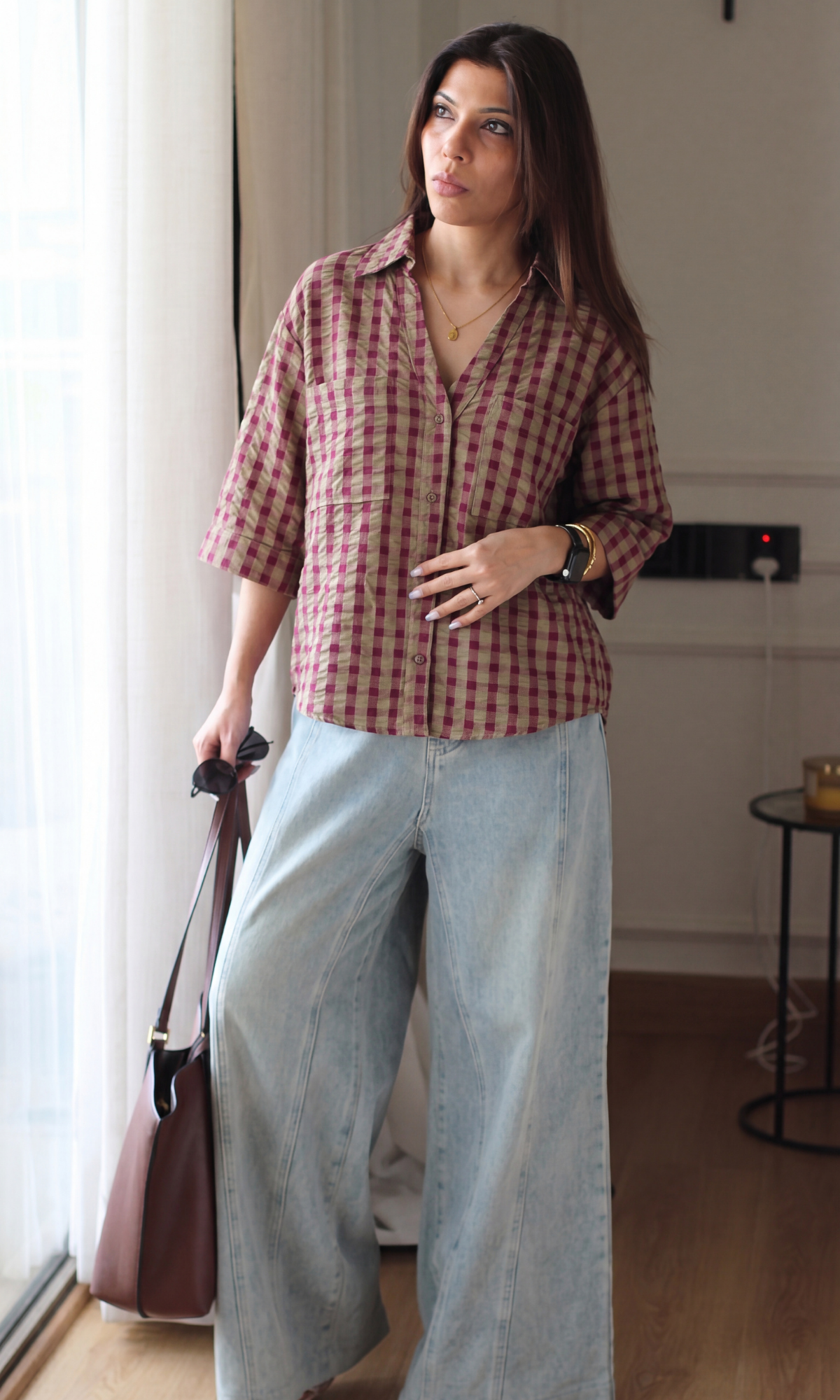 Berry & Khaki Seersucker Check Shirt
