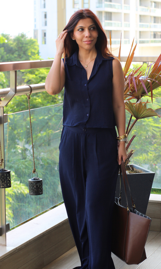 Midnight Sleeveless Cropped Shirt with Loose Pants Co-ord