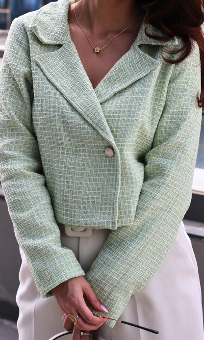 Mint Hour Tweed Cropped Blazer