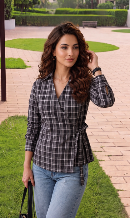 Black Check Kimono Top