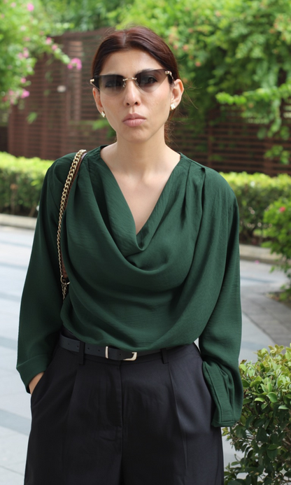 Bottle Green Slit Sleeves Cowl Neck Top
