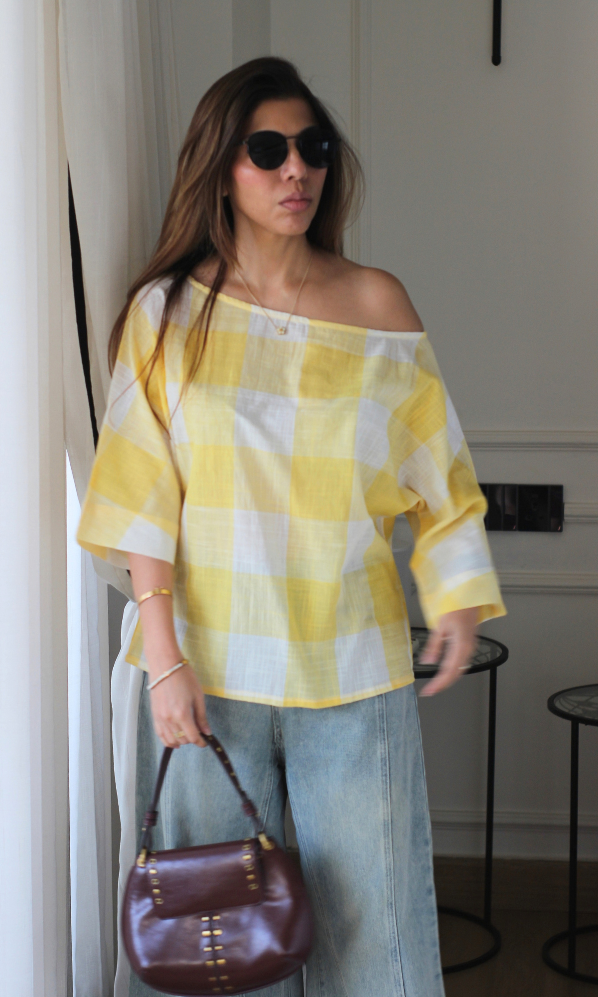 Yellow Gingham Off-Shoulder Top