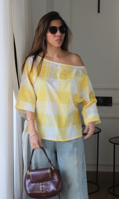 Yellow Gingham Off-Shoulder Top