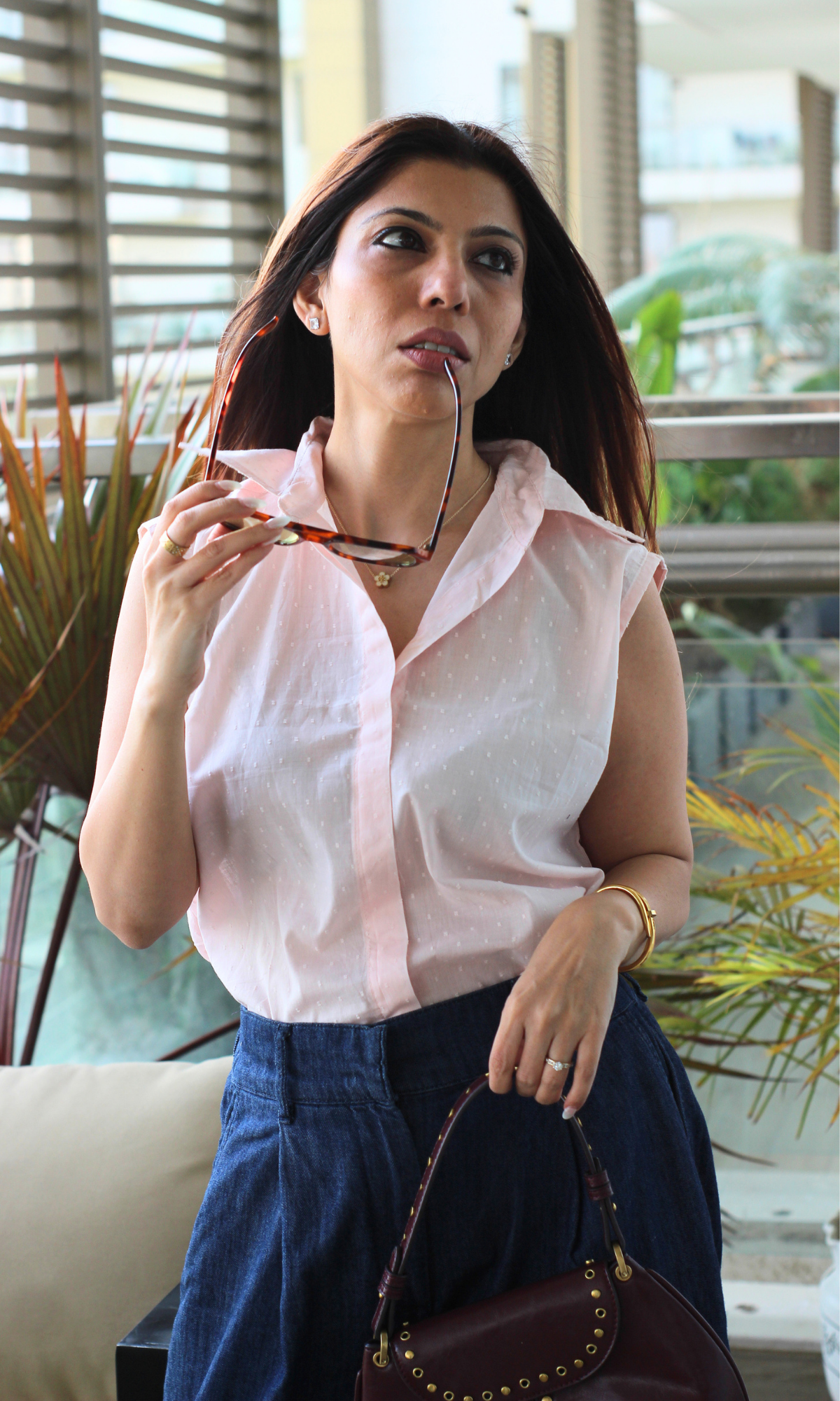 Soft Pink Dobby Sleeveess Shirt