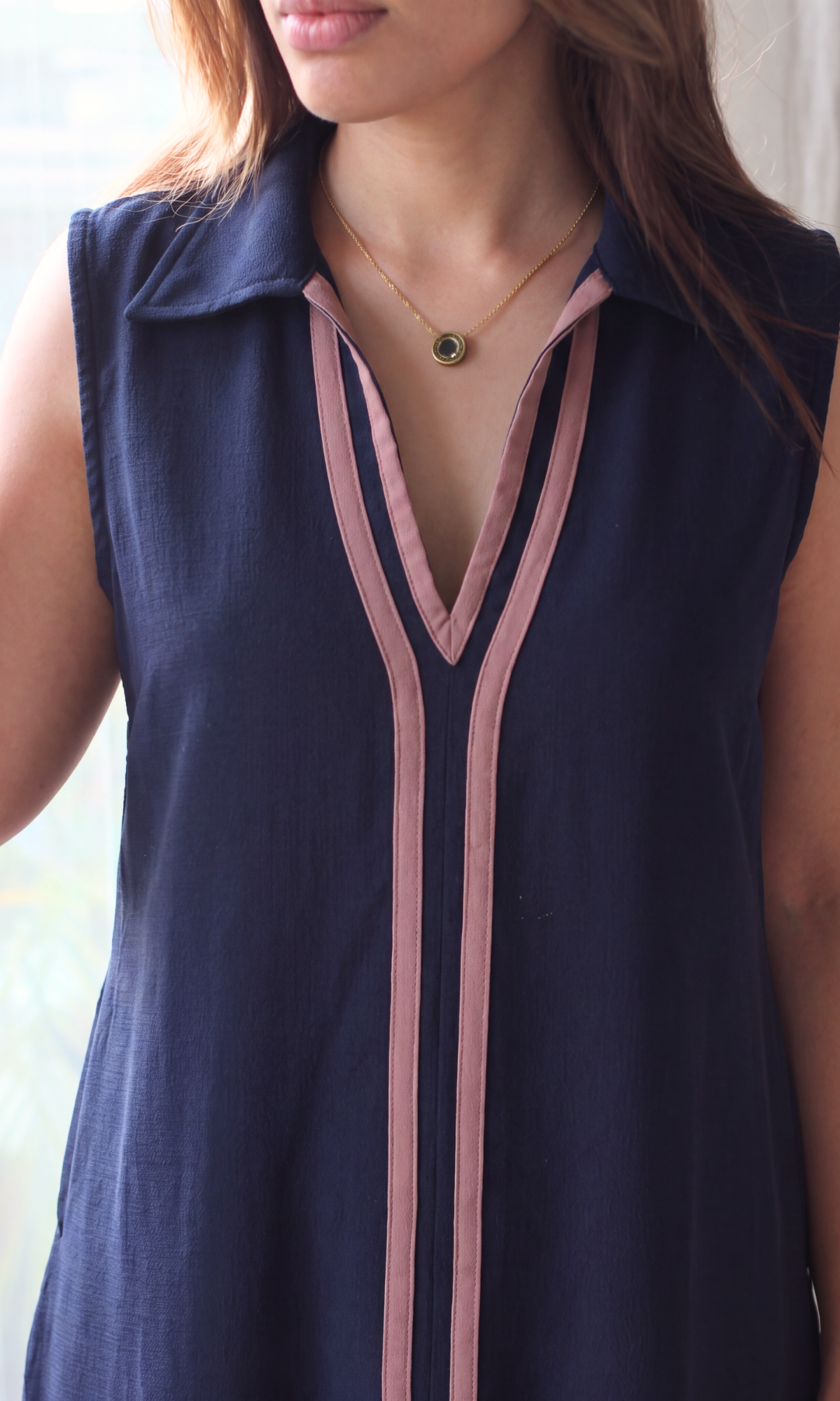 Navy Contrast Tape Collared Sleeveless Column Dress