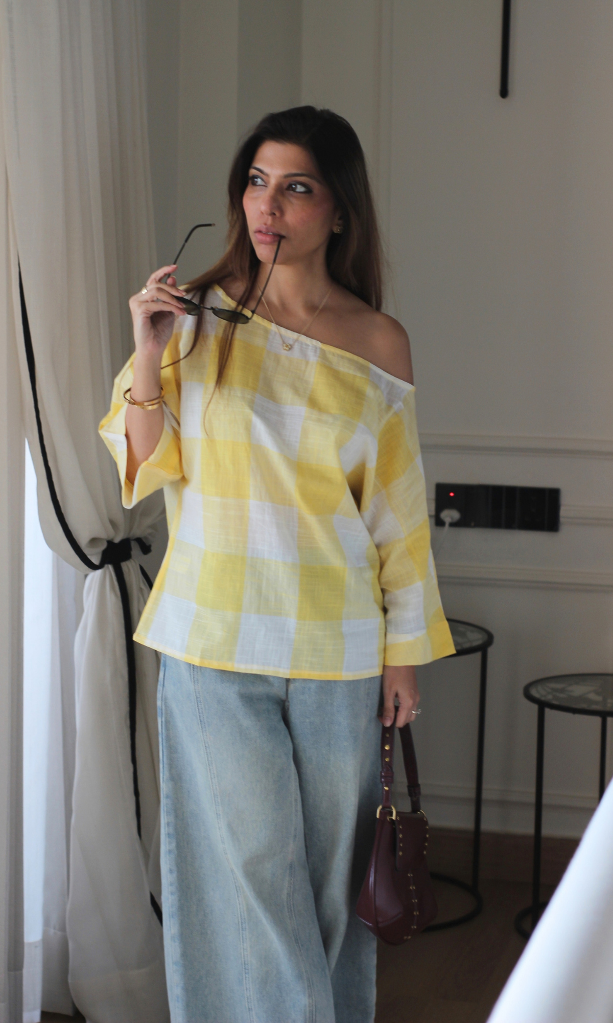 Yellow Gingham Off-Shoulder Top