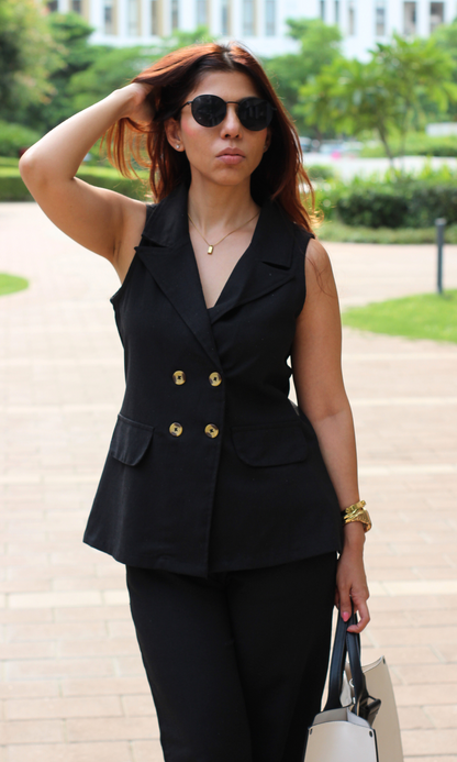 Double-Breasted Linen Blazer with Flap Pockets and Pants Co-ord