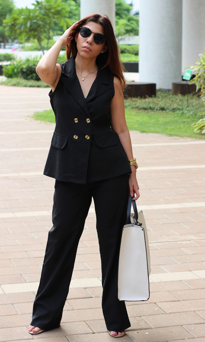 Double-Breasted Linen Blazer with Flap Pockets and Pants Co-ord
