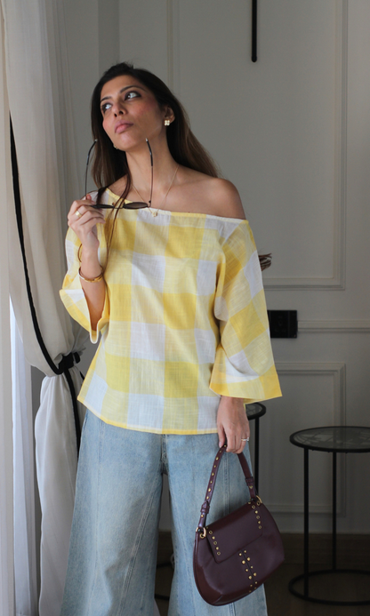 Yellow Gingham Off-Shoulder Top