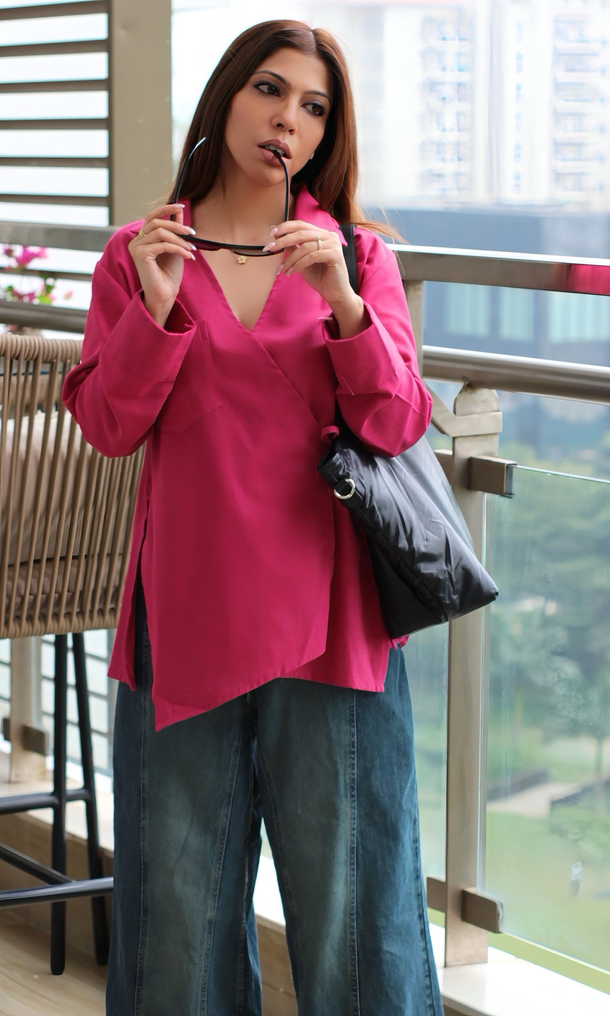 Pink linen-blend kimono top with subtle cut-detail accents, wrap-style silhouette and waist tie.