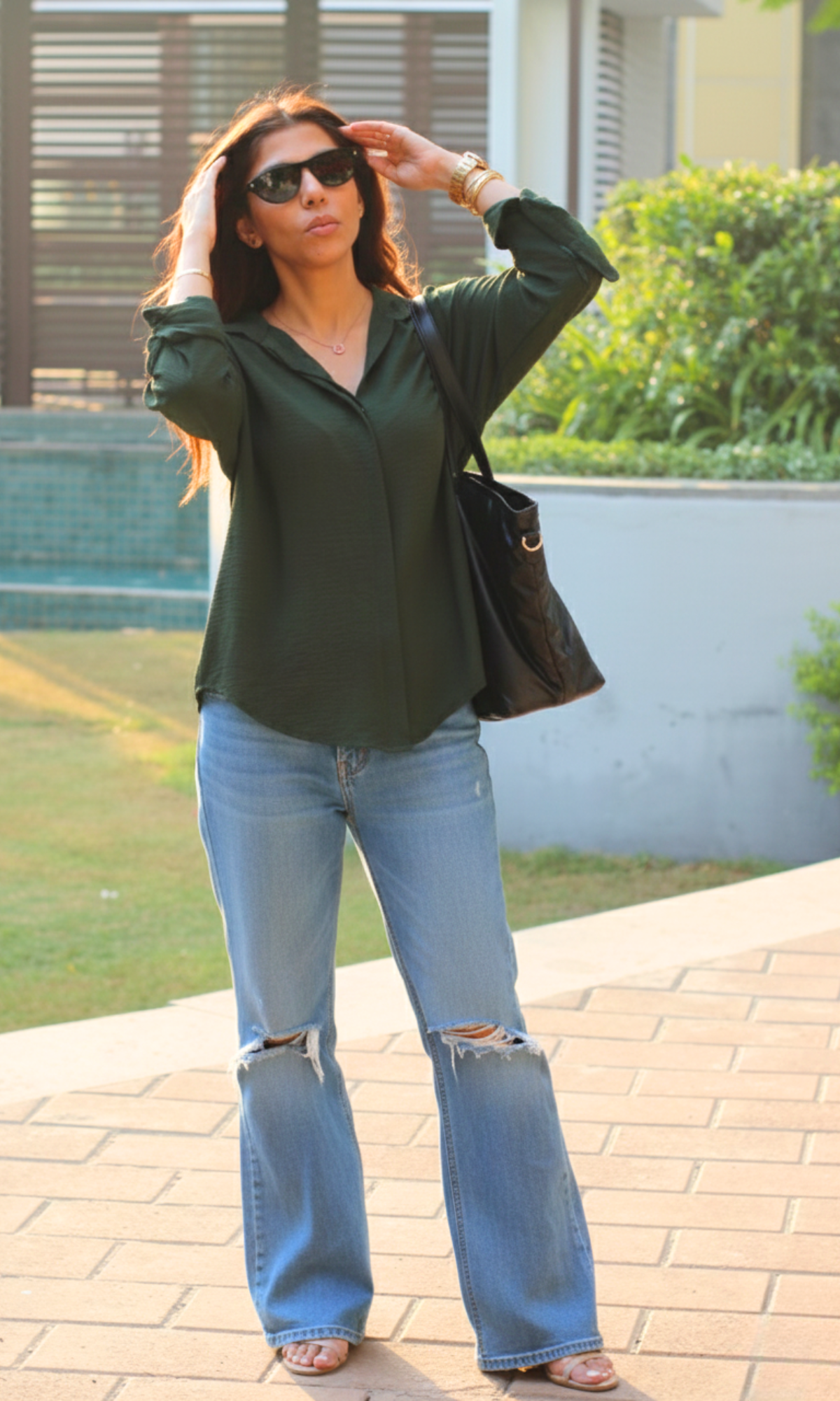 Women’s fern green flowing shirt with relaxed fit and lightweight fabric