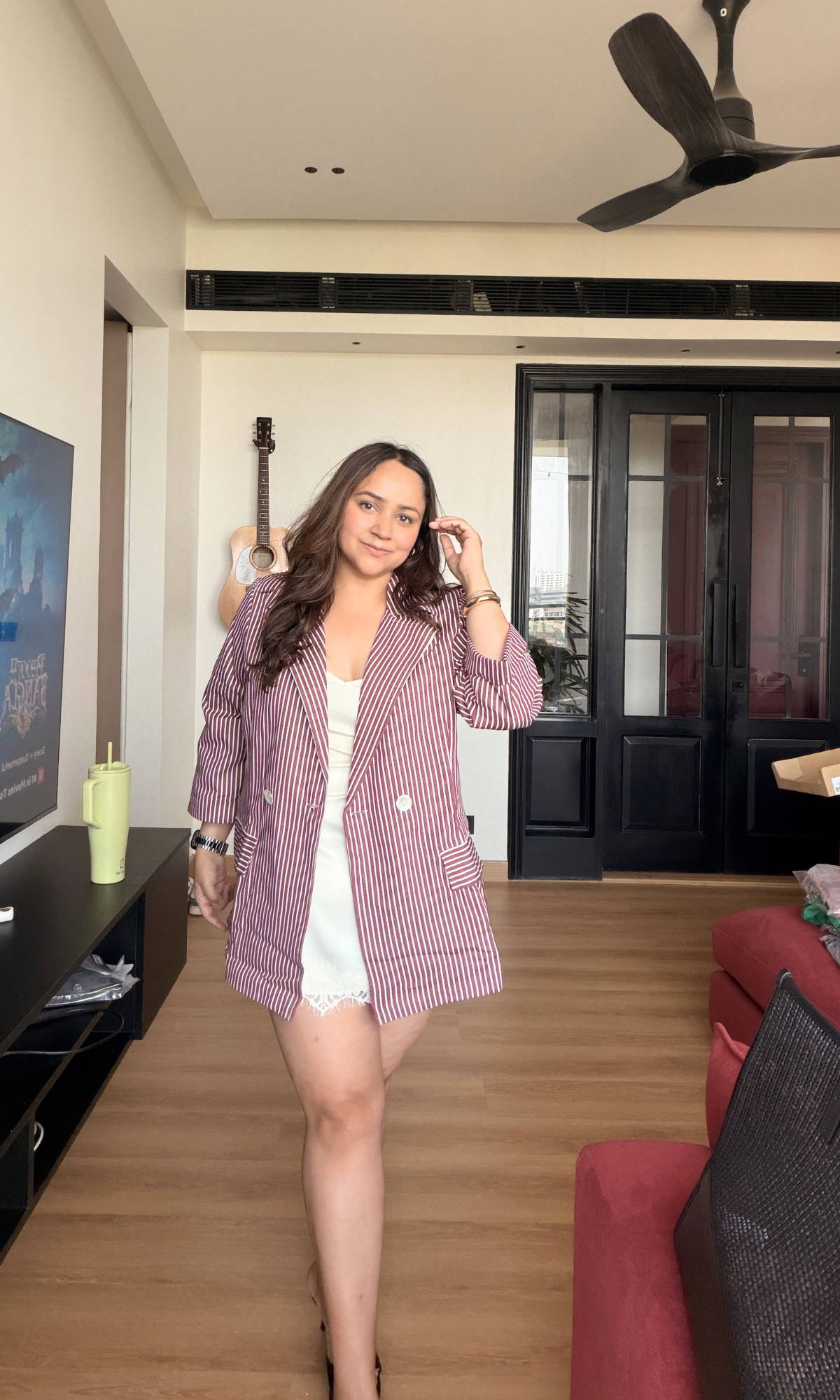 Wine Pinstripe Double-Breasted Blazer