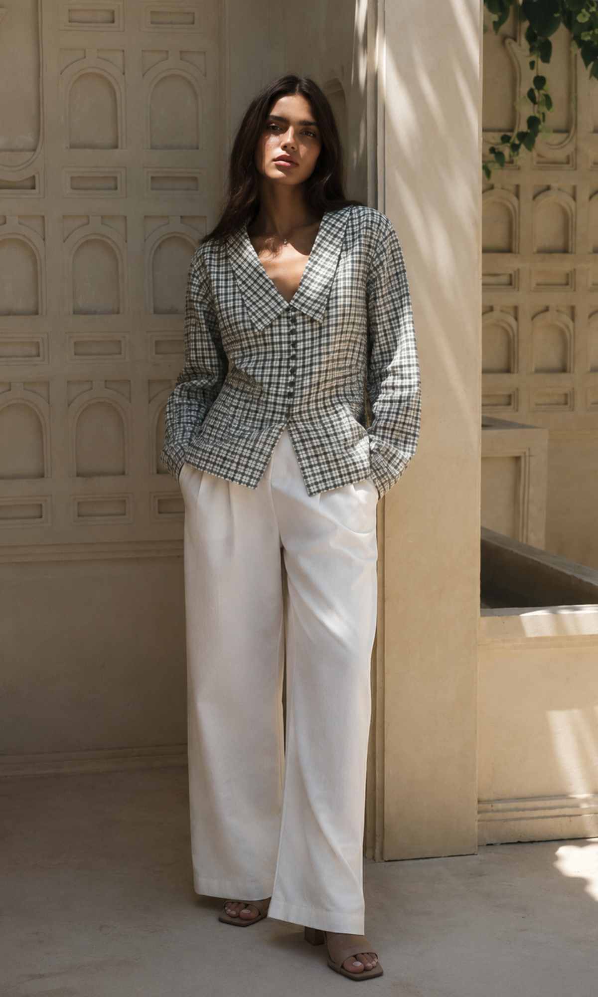 Green Gingham Oversized Collar Shirt