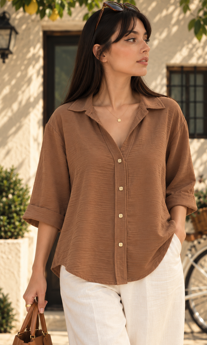Toffee Brown Metallic-Button Boxy Shirt